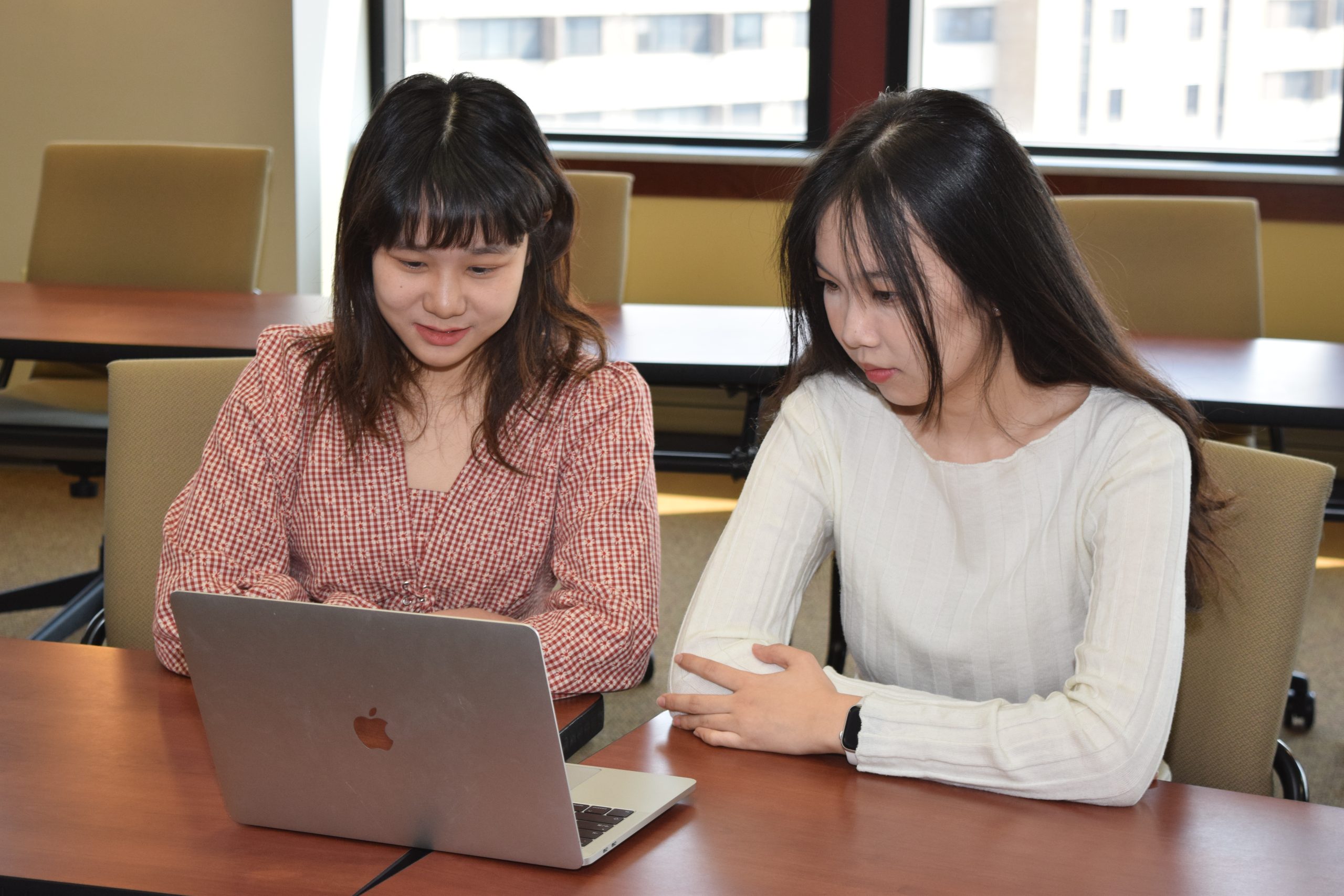 two students sit at a desk and work together on an open laptop